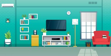 Oturma odası pencerenin yanında bir TV ile dekore edilmiştir..