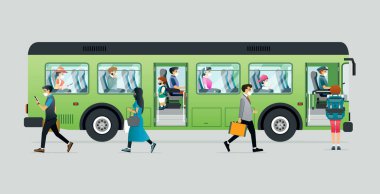 İnsanlar otobüslerde seyahat ederken hastalıkları önlemek için maske takarlar..