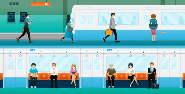 Arbetstagare Hålla Sociala Avstånd Och Bära Ansiktsmasker Tunnelbanan — Stock vektor