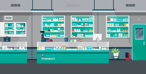 Pharmacie Avec Caisses Enregistreuses Matériel Comptoir — Image vectorielle