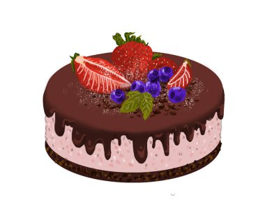 Beyaz arka planda yuvarlak çikolatalı kek. Üstüne taze çilek, narin pembe peynir krem, çikolata sır.