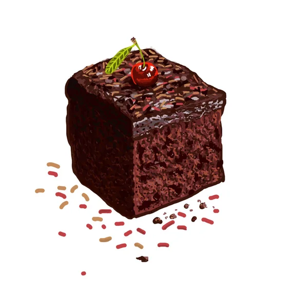 白色背景上的方形巧克力布朗尼蛋糕 新鲜樱桃在上面 柔软逼真的质地 — 图库照片