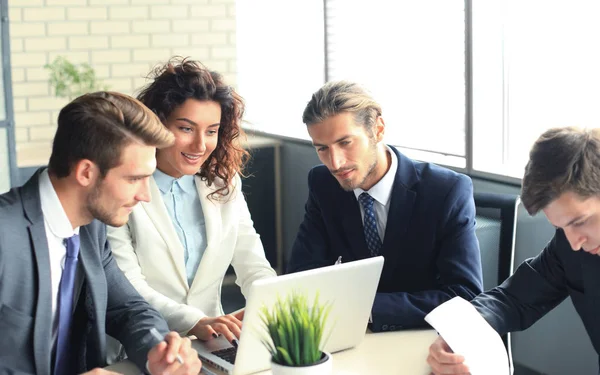 Startup Business Team Meeting Modern Bright Office Interior Working Laptop — Stock Photo, Image