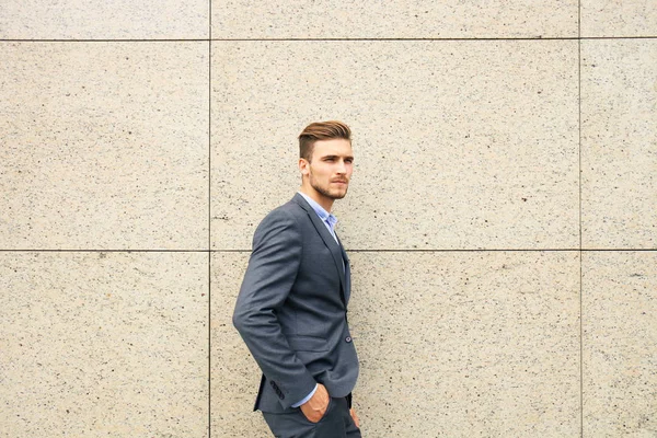 Portrait Handsome Businessman Suit Standing City Building — Stock Photo, Image