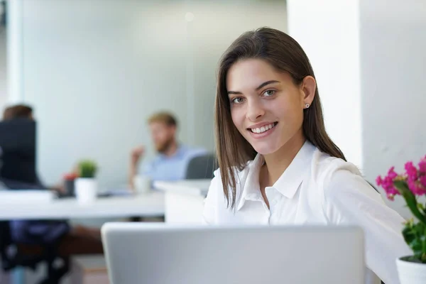 Belle dame d'affaires regarde la caméra et souriant tout en travaillant dans le bureau. — Photo