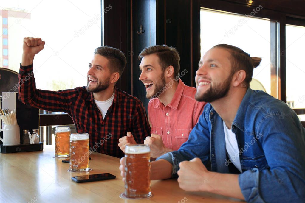 Watching football in bar. Happy friends drinking beer and cheering for favorite team, celebrating victory.