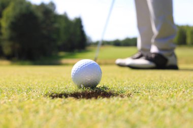 Golf oyuncusu yeşil topu deliğe sokuyor..
