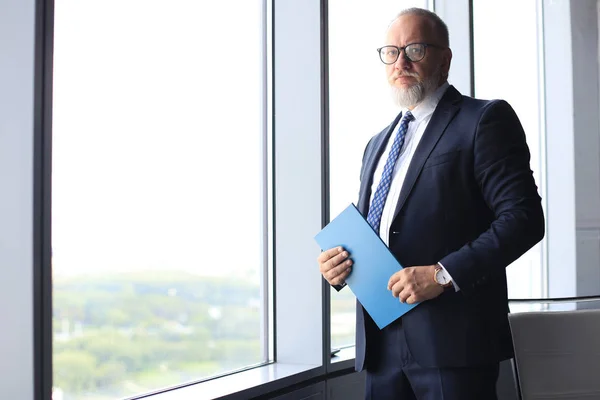 Thoughtful mature business man in full suit looking away while standing near the window. — Stock Photo, Image