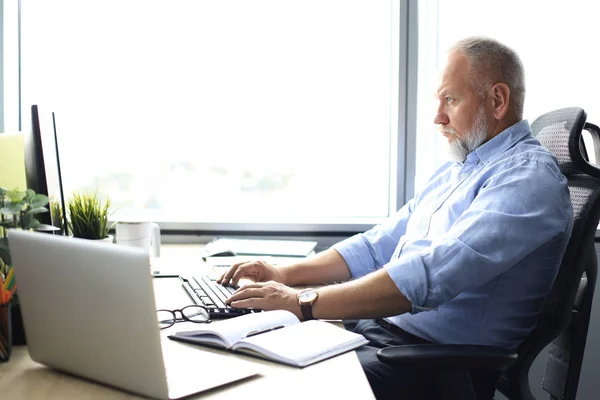 Senior-Geschäftsmann mit stylischem Kurzbart arbeitet an seinem Schreibtisch im Büro am Laptop. — Stockfoto