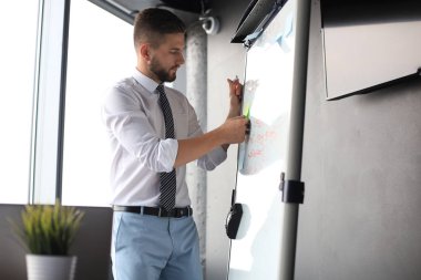Modern işadamı ofiste flipchart kullanıyor