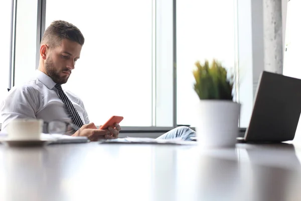 Retrato de hombre de negocios feliz sentado en el escritorio de la oficina — Foto de Stock