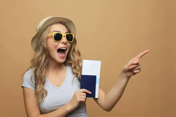 Beautiful Blonde Woman Wearing Summer Clothes Posing Passport Tickets Beige — Stock Photo, Image