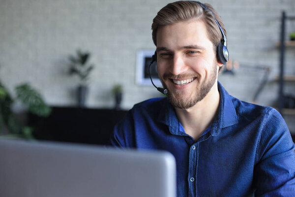 Businessman speak talk on video call with colleagues on online briefing during self isolation and quarantine. Flu epidemic and covid-19