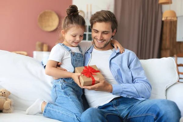 Cute Kid Daughter Make Surprise Daddy Little Girl Presents Gift — Stock Photo, Image