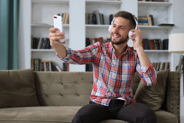 Attractive Man Taking Selfie Photo Self Video Mobile Phone Home — Stock Photo, Image