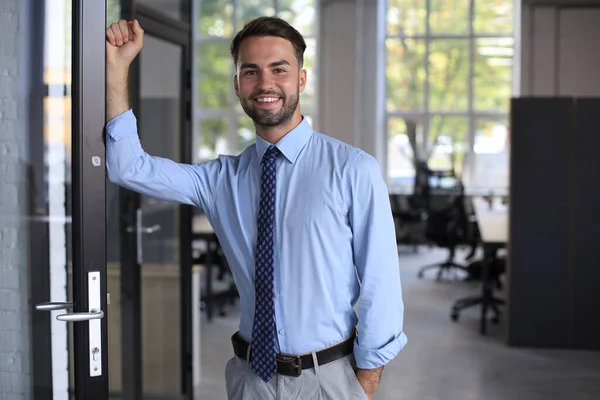 Mladý Pohledný Podnikatel Usmívá Kancelářském Prostředí — Stock fotografie