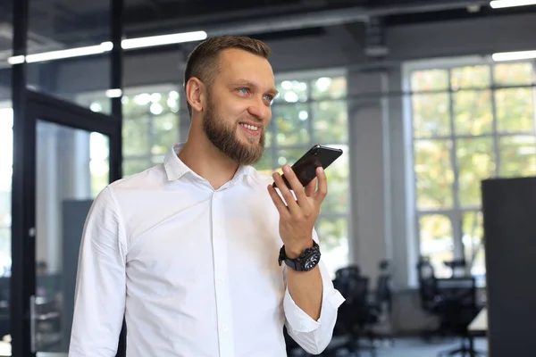 Handsome Business Man Using Voice Recognition App Office — Stock Photo, Image