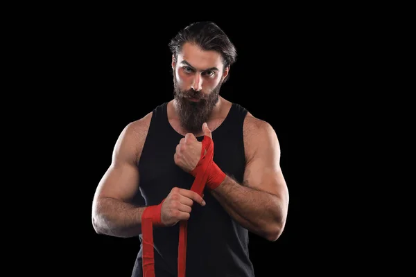 Athlete Stands Black Clothes Wraps His Hands Red Textile Elastic Stock Photo