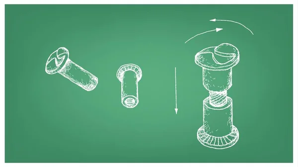 Fertigung Und Industrie Illustration Handgezeichnete Skizze Von Geschlechtsschraube Zylindermutter Pfosten — Stockvektor