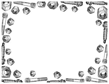 İmalat ve sanayi, illüstrasyon elle çizilmiş kroki çerçeve soket vidalar, raf sondaj sac vidaları ve ağır altıgen somun. Fastener malzemeleri birlikte tutturmak için kullanılan bir tür.