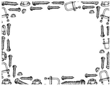 İmalat ve sanayi, illüstrasyon elle çizilmiş kroki kare flanş somun, cıvata ve U Bolt Lag. Fastener malzemeleri birlikte tutturmak için kullanılan bir tür