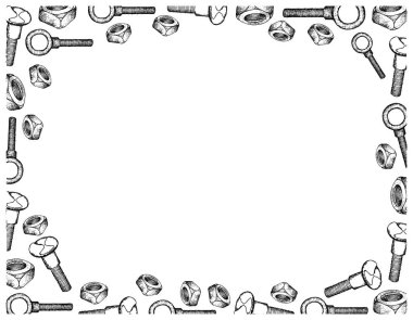 İmalat ve sanayi, illüstrasyon elle çizilmiş kroki çerçeve vidaları, göz somunlar kare çiftleşme. Fastener malzemeleri birlikte tutturmak için kullanılan bir tür