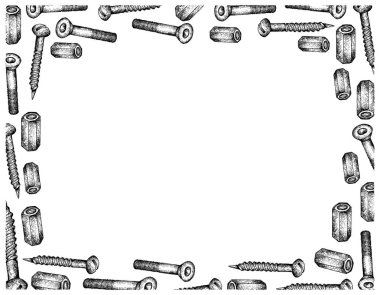 İmalat ve sanayi, illüstrasyon elle çizilmiş kroki çerçeve kaplin fındık, soket vida ve ağaç vidaları. Fastener malzemeleri birlikte tutturmak için kullanılan bir tür