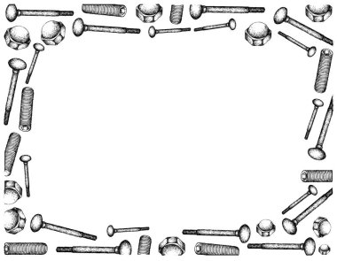 İmalat ve sanayi, illüstrasyon elle çizilmiş kroki çerçeve Asansör, Set vida somunlar kap. Fastener malzemeleri birlikte tutturmak için kullanılan bir tür