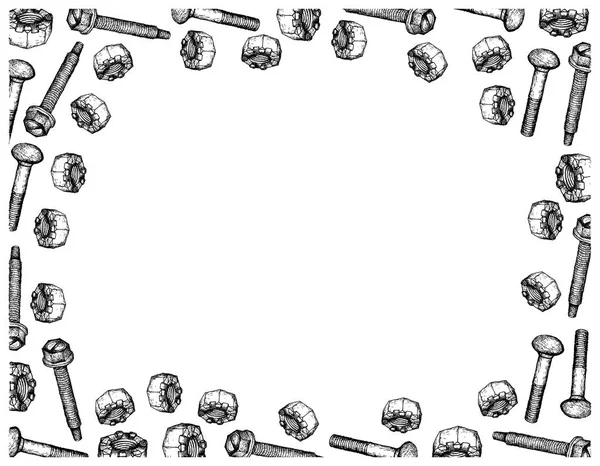 İmalat ve sanayi, illüstrasyon elle çizilmiş kare oluklu fındık, taşıma cıvata kroki ve makine vidaları kesme iplik. Fastener malzemeleri birlikte tutturmak için kullanılan bir tür.