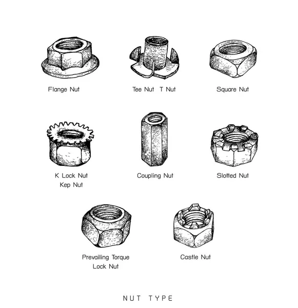 Fabricação Indústria Ilustração Mão Desenhada Esboço Conjunto Tipo Porcas Tipo —  Vetores de Stock