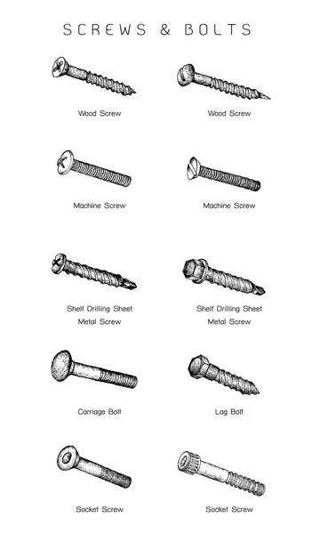 Gyártás Ipari Illusztráció Kézzel Rajzolt Vázlat Csoportja Csavar Típusok Olyan — Stock Vector