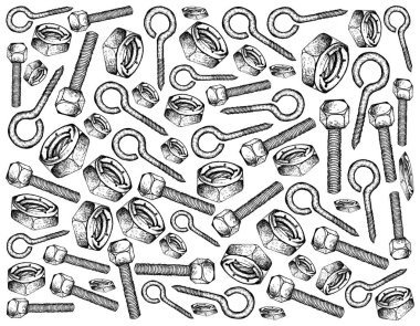 İmalat ve sanayi, illüstrasyon elle çizilmiş kroki duvar kağıdı arka planını göz kalıyor, altıgen somun ve naylon kilit fındık ekleyin. Fastener malzemeleri birlikte tutturmak için kullanılan bir tür.