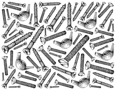 İmalat ve sanayi, illüstrasyon elle çizilmiş kroki duvar kağıdı arka plan ağaç vidaları, makine vidaları ve kanat fındık. Fastener malzemeleri birlikte tutturmak için kullanılan bir tür.