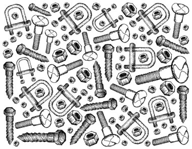 İmalat ve sanayi, illüstrasyon elle çizilmiş kroki duvar kağıdı arka plan çiftleşme vidalar, civatalar ve U cıvata Lag. Fastener malzemeleri birlikte tutturmak için kullanılan bir tür.