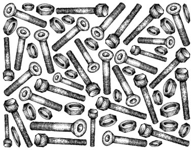 İmalat ve sanayi, illüstrasyon elle çizilmiş kroki duvar kağıdı arka plan Hex, soket vida somunlar reçel. Fastener malzemeleri birlikte tutturmak için kullanılan bir tür.