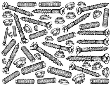 İmalat ve sanayi, illüstrasyon elle çizilmiş kroki duvar kağıdı arka plan ağaç vidaları, Set vida ve flanş somun. Fastener malzemeleri birlikte tutturmak için kullanılan bir tür.