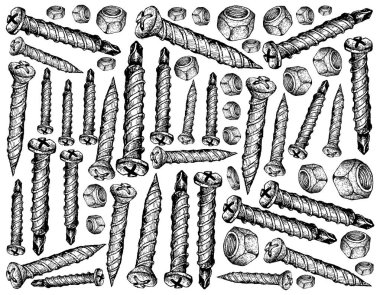 İmalat ve sanayi, illüstrasyon elle çizilmiş kroki duvar kağıdı arka plan vida ve fındık. Fastener malzemeleri birlikte tutturmak için kullanılan bir tür.