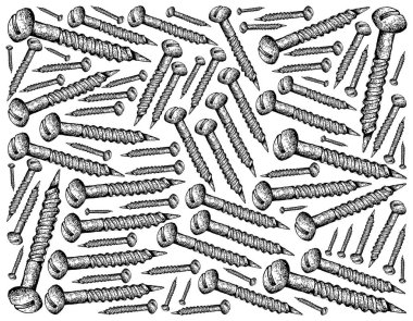 İmalat ve sanayi, illüstrasyon elle çizilmiş kroki duvar kağıdı arka plan, gömme Havşabaş baş ağaç vidaları düz Top ile çapraz. Ahşap nesnesine bağlanmak için kullanılan.