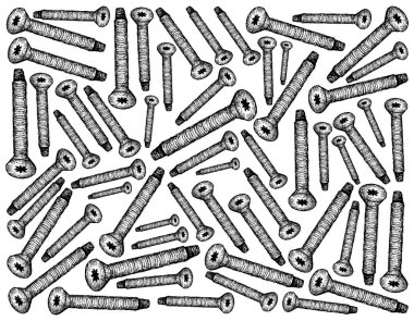 İmalat ve sanayi, iş parçacığı kesme makine vidaları ile düz üst resimde elle çizilmiş kroki duvar kağıdı arka plan. Makine parçaları birlikte kelepçe için kullanılan.