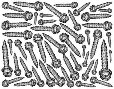 İmalat ve sanayi, sac vidaları illüstrasyon elle çizilmiş kroki duvar kağıdı arka plan. Sac Metal ve ahşap Fastener kullanmak bir tür.