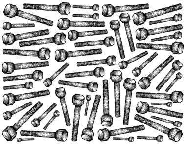 İmalat ve sanayi, illüstrasyon elle çizilmiş kroki duvar kağıdı arka plan onaltılık yığını kap vidaları veya makine cıvata Hex. Fastener harici bir erkek iplik ile bir tür. 
