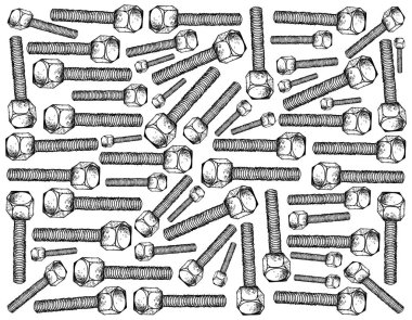 İmalat ve sanayi, illüstrasyon elle çizilmiş kroki duvar kağıdı arka plan onaltılık yığını kap vidaları veya makine cıvata Hex. Fastener harici bir erkek iplik ile bir tür. 