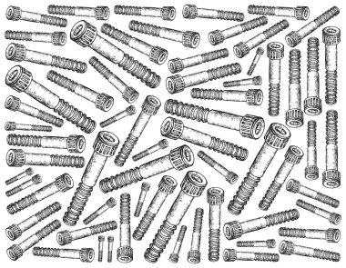 İmalat ve sanayi, illüstrasyon elle çizilmiş kroki duvar kağıdı arka plan soket vidalar. Zımba makinesi parçaları, Die fikstür ve sıkma kullanılan bir tür