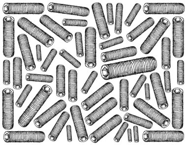 İmalat ve sanayi, Set vida illüstrasyon elle çizilmiş kroki duvar kağıdı arka plan. Gears, makaralar, diğer motoru ve makine parçaları bir şaft için güvenliğini sağlamak için kullanılan. 