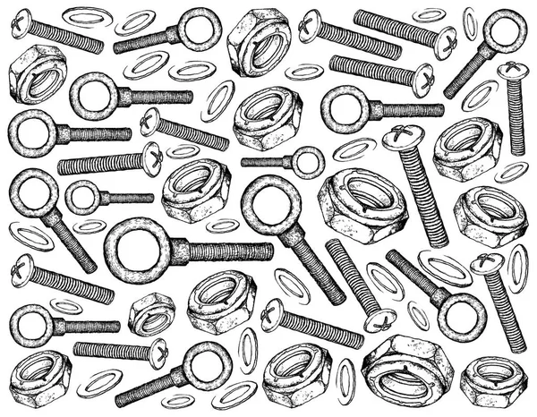 Manufacturing and Industry, Illustration Hand Drawn Sketch Wallpaper Background of Eye Bolts, Machine Screws and Nylon Insert Jam Lock Nuts. Fastener Used to Fasten Materials Together.