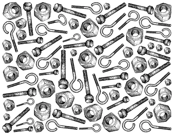 Manufacturing and Industry, Illustration Hand Drawn Sketch Wallpaper Background of Eye Bolts, Hex Bolts and Heavy Hex Nuts. A Type of Fastener Used to Fasten Materials Together.