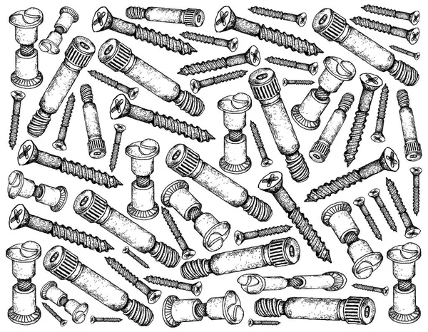 Manufacturing and Industry, Illustration Hand Drawn Sketch Wallpaper Background of Wood Screws, Mating Screws, Sex Bolts and Shoulder Bolts. A Fastener Used to Fasten Materials Together.