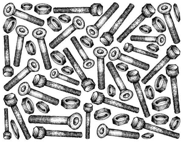 Fabricación Industria Ilustración Bosquejo Dibujado Mano Fondo Pantalla Pernos Hexagonales — Foto de Stock