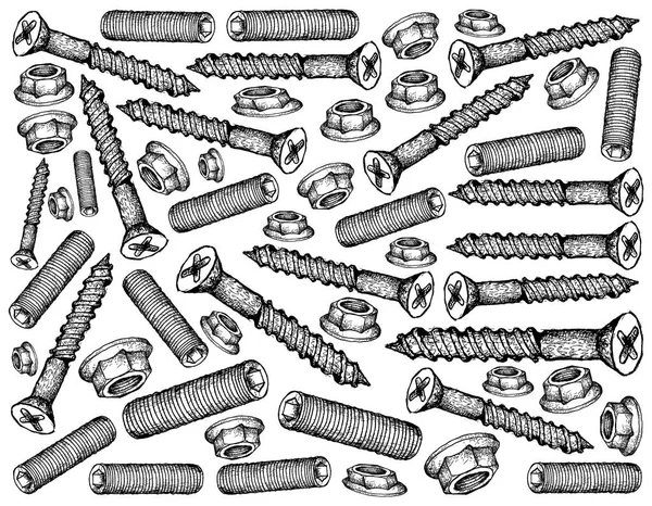 Manufacturing Industry Illustration Hand Drawn Sketch Wallpaper Background Wood Screws — Stock Photo, Image