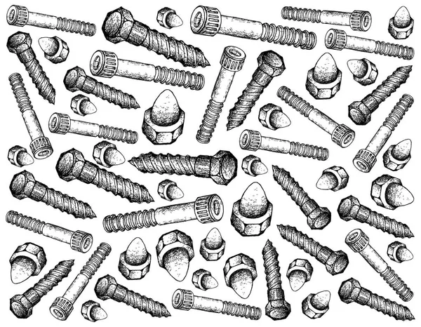 Manufacturing and Industry, Illustration Hand Drawn Sketch Wallpaper Background of Lag Bolts, Socket Screws and Acorn Nuts. A Type of Fastener Used to Fasten Materials Together.